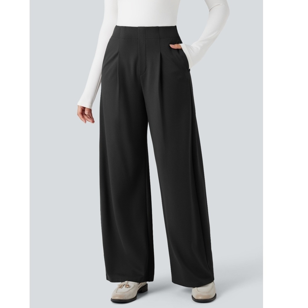Halara Women S Flex Wide Leg Trousers Dark Green Pleated High Rise Elastic Back